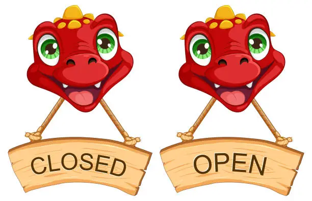 Vector illustration of Cartoon dragon with open and closed signs.