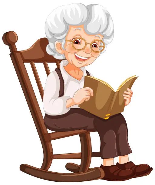Vector illustration of Elderly woman smiling while reading in a rocking chair