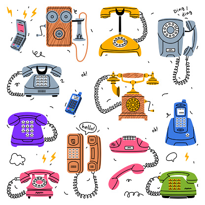 Retro Phones and Telephones as Old Devices for Communication Vector Set. Corded Landline and Mobile Cellphone Equipment