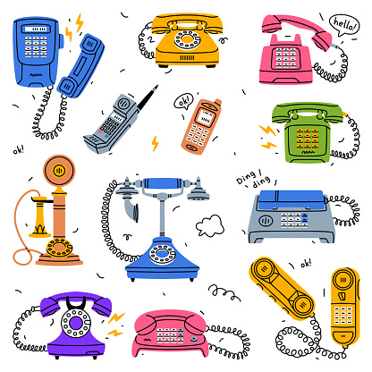 Retro Phones and Telephones as Old Devices for Communication Vector Set. Corded Landline and Mobile Cellphone Equipment