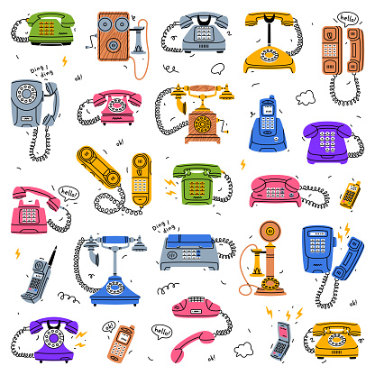 Retro Phones and Telephones as Old Devices for Communication Vector Set. Corded Landline and Mobile Cellphone Equipment