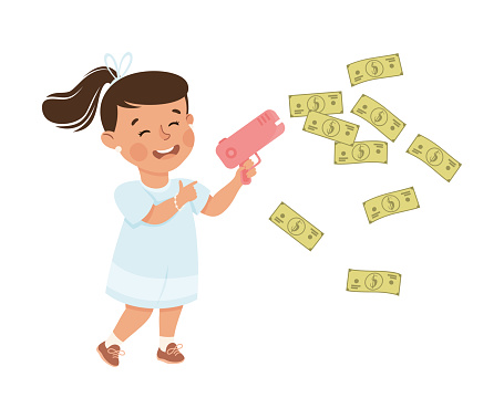 Happy Rich Girl Millionaire Shooting with Dollar Banknote with Pistol Vector Illustration. Cute Little Wealthy Kid Having Money Cash