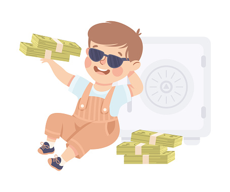 Happy Rich Boy Millionaire in Sunglasses Sitting with Stack of Dollar Banknote Vector Illustration. Cute Little Wealthy Kid Having Money Cash