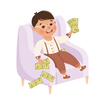 Happy Rich Boy Millionaire Sitting in Armchair with Dollar Banknote Vector Illustration. Cute Little Wealthy Kid Having Money Cash