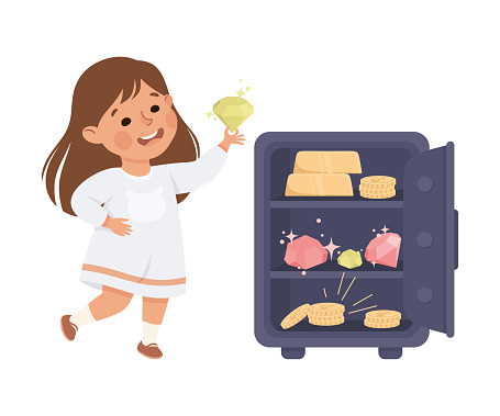 Happy Rich Girl Millionaire Putting Gemstone in Safe Vector Illustration. Cute Little Wealthy Kid Having Money Cash