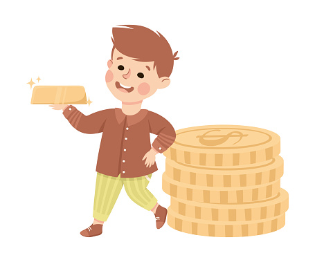 Happy Rich Boy Millionaire with Golden Bar and Coin Stack Vector Illustration. Cute Little Wealthy Kid Having Money Cash