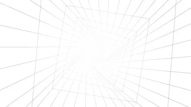 Vector illustration of Vector perspective grid. Vortex. Curved abstract tunnel. Detailed lines on white background.