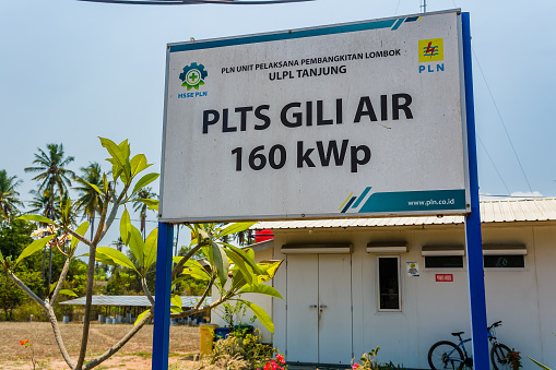 A small solar electricity generating plant on the tiny tropical island of Gili Air off the coast of Lombok, Indonesia