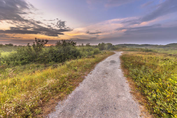 Spectacular Hazy Sunset over walking track in the dunes in Zwanenwater which is a nature reserve in the dunes of Callantsoog, The Netherlands.