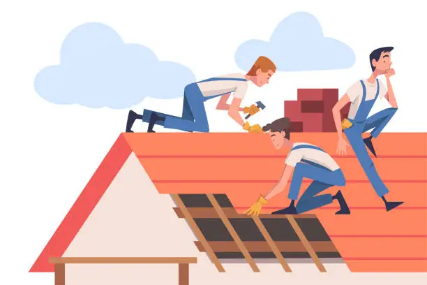 Vector illustration of Roof Repair with People Construction Workers Characters Working Vector Illustration