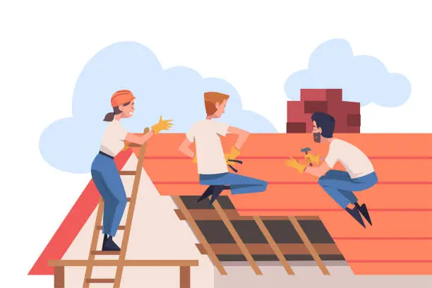 Vector illustration of Roof Repair with People Construction Workers Characters Working Vector Illustration