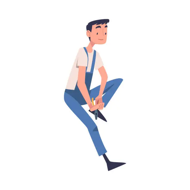 Vector illustration of Man Construction Worker Character Sitting with Pliers Engaged in Roof Repair Vector Illustration