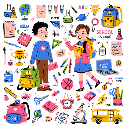 Boy and Girl School Pupil with Backpack and Different Supplies Vector Set. Schoolboy Student Going to Secondary School