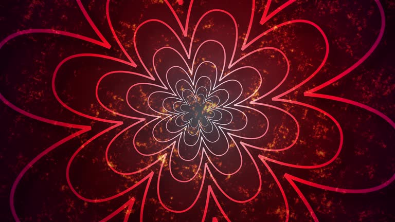 Colourful bright flower shape model formed by geometric lines transforming into a web, on a golden fractal background. 4K CG animation, dynamic animation hypnotising intertwining rotative shapes.