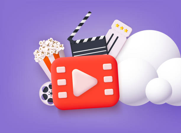 istock Cinema Movie Concept. Objects for watching video content, movies. Browser, play, popcorn, clapper cinema. 3D Web Vector Illustrations. 2111675534