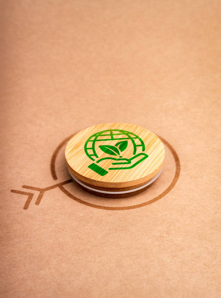 istock Nature forest conservation sustainable target, save planet, earth day concept. Green environment care symbol, hand holding tree, on target icon, brown kraft recycled paper background, vertical style. 2111678686