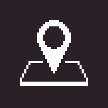 black and white simple flat 1bit vector pixel art icon of geolocation pin on the map