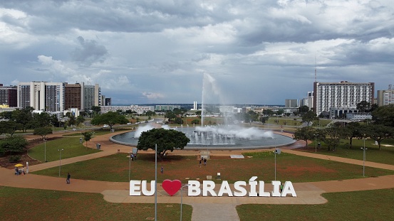 Brasilia, Brazil - March 10, 2023: Aerial view of Eixo Monumental  - Brasilia, Distrito Federal, Brazil