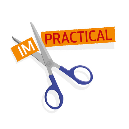 Vector Illustration of a Scissor Cutting the Word Impractical Isolated on a Transparent Background