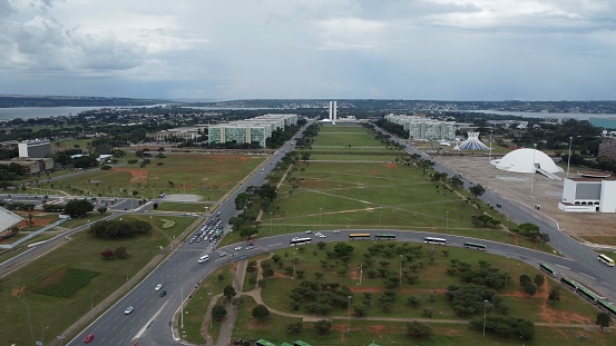 Brasilia, Brazil - March 10, 2023: Aerial view of Brasilia, Eixo Monumental with the Ministries and the parliament - Brasilia, Distrito Federal, Brazil