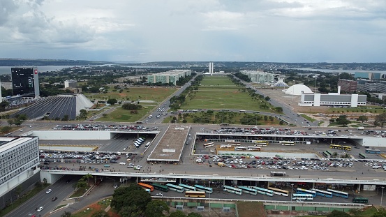 Brasilia, Brazil - March 10, 2023: Aerial view of Brasilia, Eixo Monumental with the Ministries and the parliament - Brasilia, Distrito Federal, Brazil