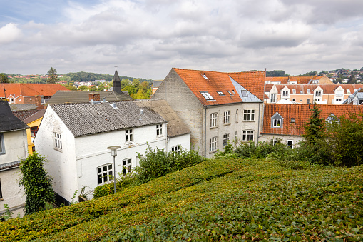 View of houses and buildings in old town of Hobro, Himmerland, Nordjylland, Denmark