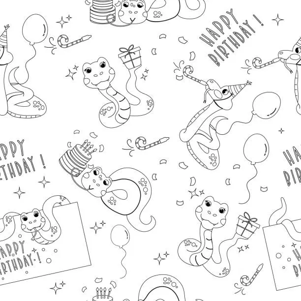 Vector illustration of Seamless pattern outline color book cartoon character birthday snake