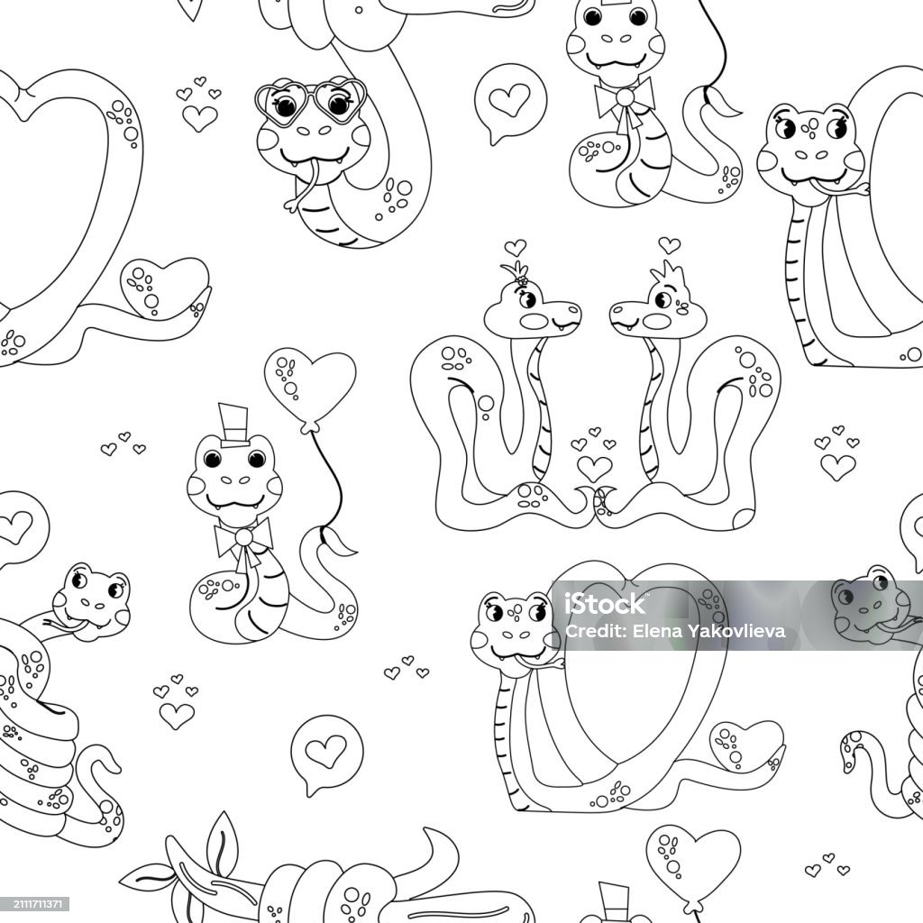 Seamless pattern outline color book cartoon character Valentines day snake Animal Body Part stock vector Seamless pattern outline color book cartoon character Valentines day snake Animal Body Part stock vector