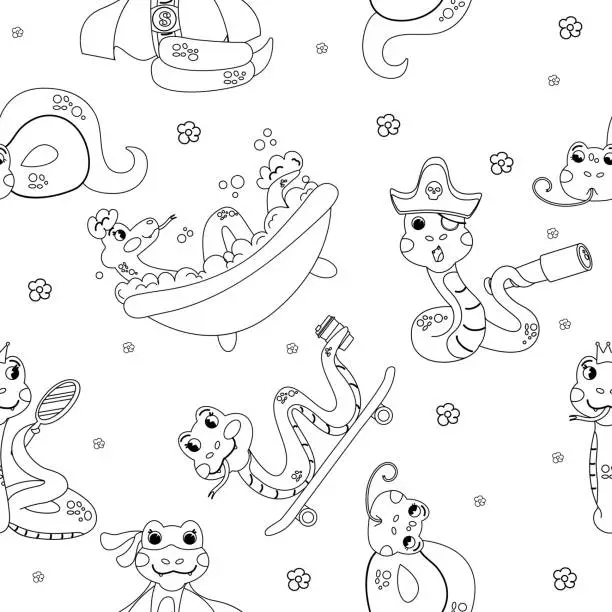 Vector illustration of Seamless pattern color book outline cartoon character snake