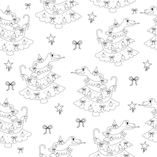 Vector illustration of Seamless pattern outline cartoon color book snake character on a Christmas tree