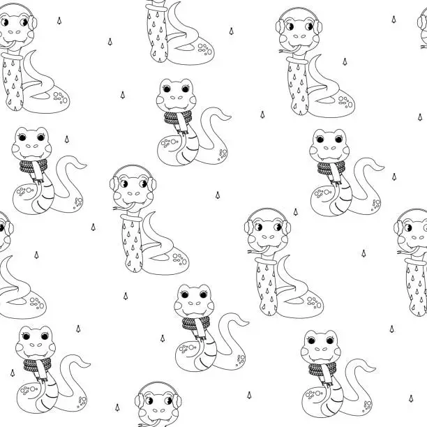 Vector illustration of Seamless pattern color book outline  snake winter autumn character