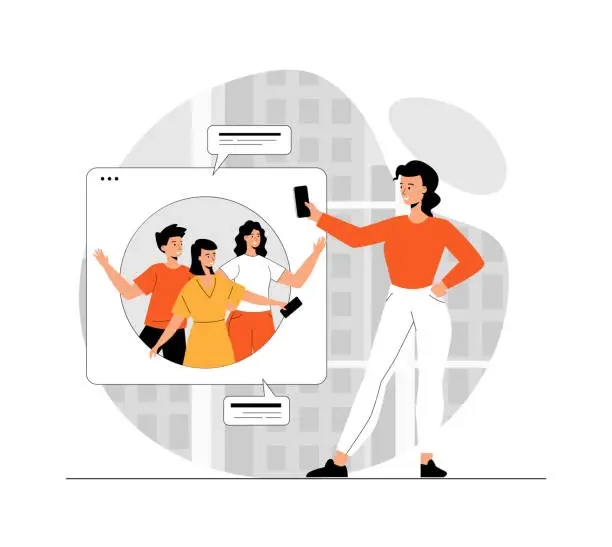 Vector illustration of Online meeting, virtual conference. Woman communicates with her friends through a video call on the phone. Illustration with people scene in flat design for website and mobile development.