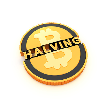 Bitcoin halving. Golden coin with bitcoin sign cut in half isolated on the white background