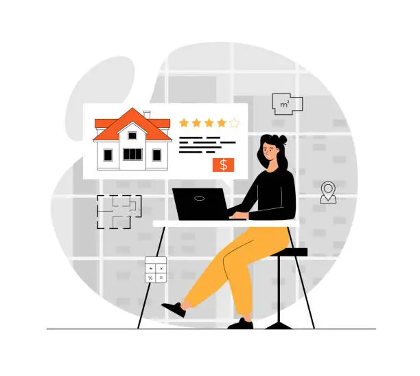 Vector illustration of Real estate online. Woman chooses an apartment to rent or buy on a housing rental website. Buying and selling real estate. Illustration with people scene in flat design for website and mobile develop