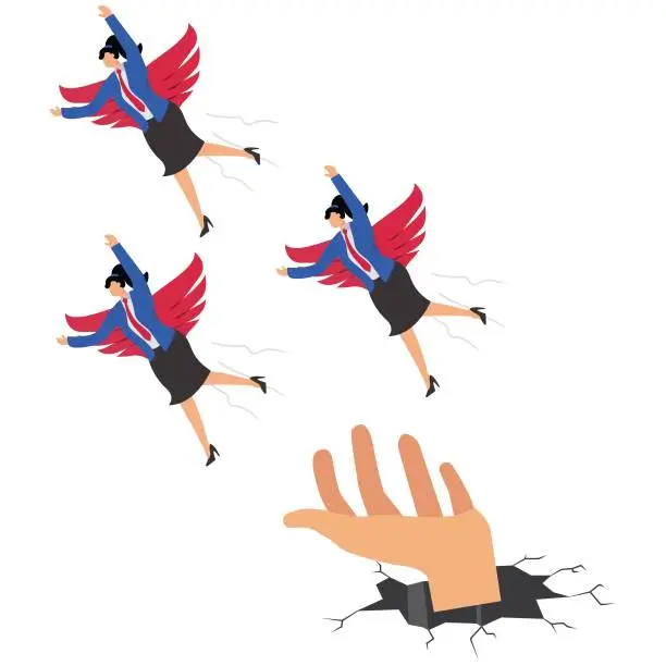Vector illustration of Business or professional growth, independence, strong confidence, risk-taking, feathered businesswomen flying out of the hands of giants