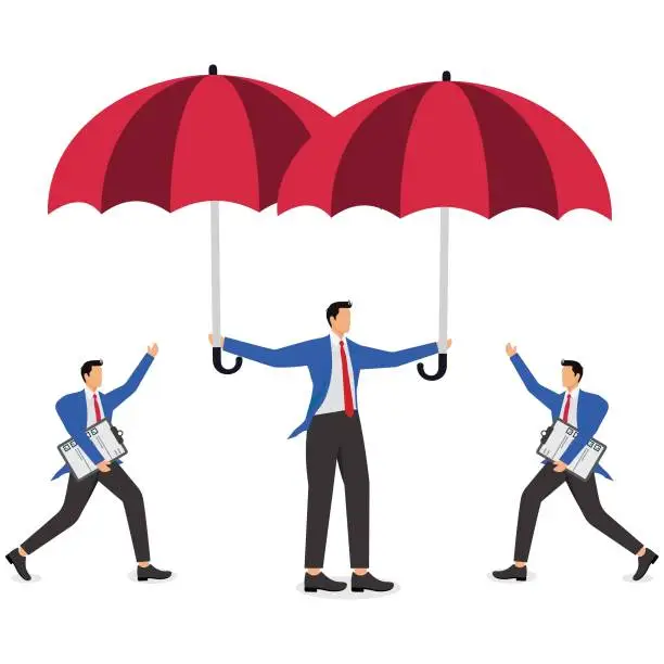 Vector illustration of Seeking shelter or insurance, running to a safe area, security and safety, the merchants ran toward the merchant with the red umbrella