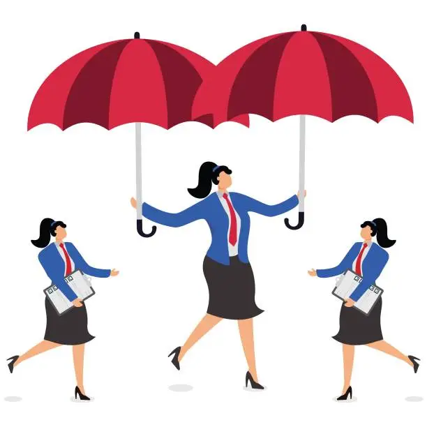 Vector illustration of Seeking shelter or insurance, running to a safe area, security and safety, the merchants ran toward the merchant with the red umbrella