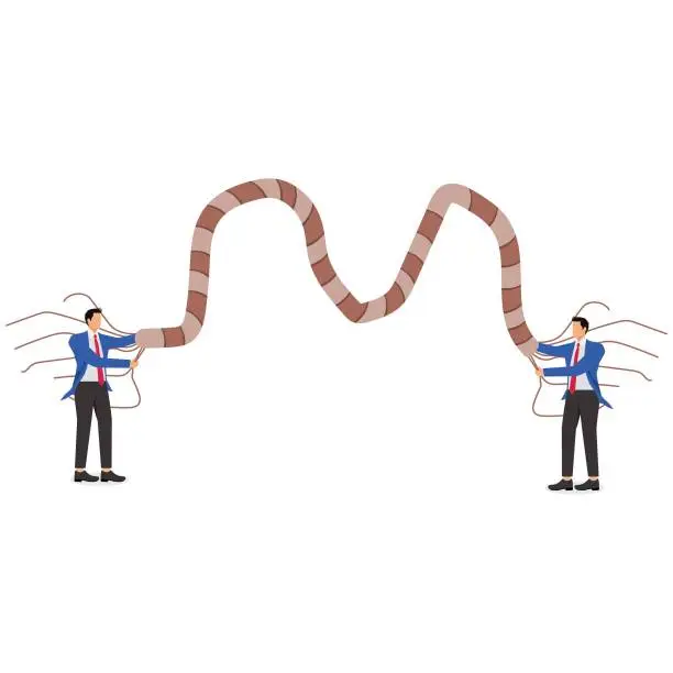 Vector illustration of Problem Solving and Trouble Shooting, Teamwork, Strength of Teams, Unity, Corporate Culture, Two Businessmen Compile Cluttered Ropes Into One Thick Rope