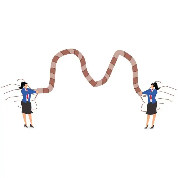Vector illustration of Problem Solving and Trouble Shooting, Teamwork, Strength of Teams, Unity, Corporate Culture, Two Businesswomen Compile Cluttered Ropes Into One Thick Rope