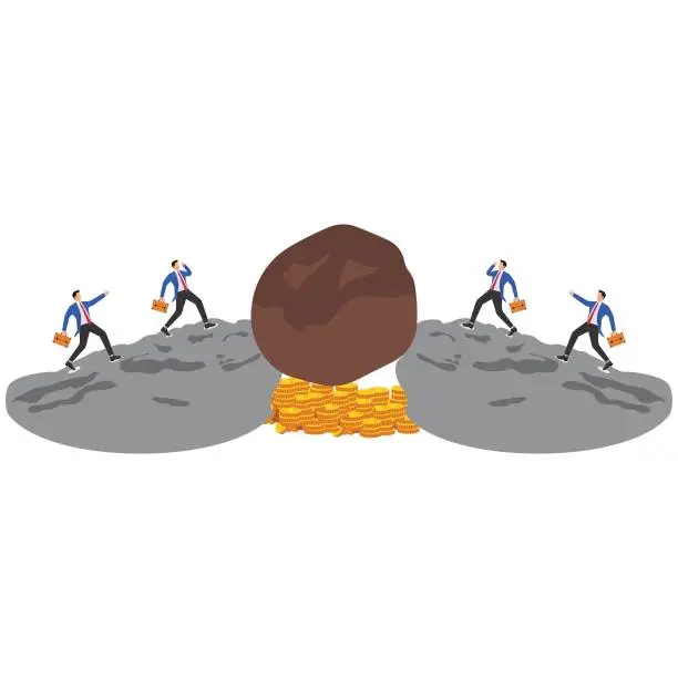 Vector illustration of How to get money, setbacks, difficulties or problems in business development or career advancement, huge rocks on the top of the mountain blocking the way for businessmen to pick up money