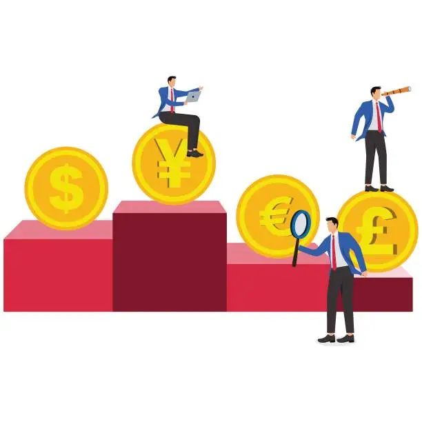 Vector illustration of Currency Research, Currency Investment and Conversion, Global Finance Specialist, Forex Trading, Traders conducting business activities between various currencies