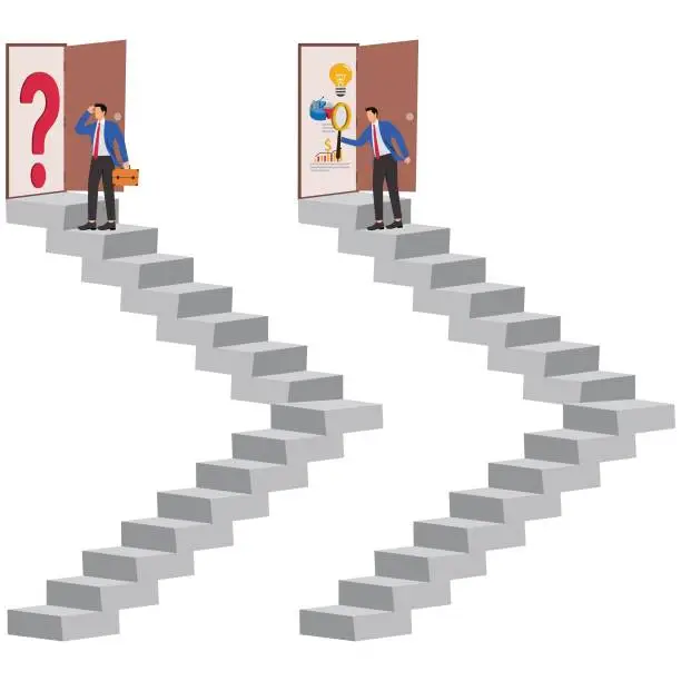 Vector illustration of Career Choices or Career Opportunities, Doors to Success, Opportunity Decisions or Challenges, Career Opportunities or Opportunities for Success, Different Doors on Different Steps