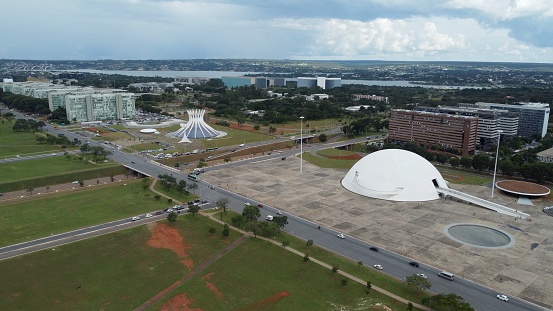 Brasilia, Brazil - March 10, 2023: Aerial view of Museo Nacional da Republica and Catedral Metroplitana Nossa Senhora Aparecida - Brasilia, Distrito Federal, Brazil
