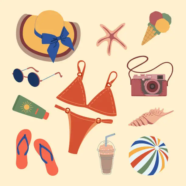 Vector illustration of Set of summer beach elements. Female accessories. Swimsuit, slippers, ball, hat, sunglasses, ice cream, camera, seashell.