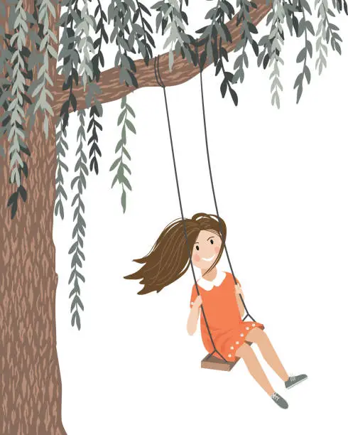 Vector illustration of Happy smiling girl with flying in the wind hair on a swing. Swing on the willow tree. Vector isolated cartoon illustration.