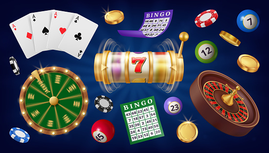 Realistic casino games, isolated roulette and 777 slot machine. Vector bingo ticket with numbers and numbered balls, cards and poker chips. Golden coins and success prize, jackpot gambling