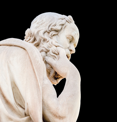 Side view detail of a statue (completed in 1885 by Leonidas Drosis) of the classical Greek philosopher Socrates, at the Academy of Athens in Greece.