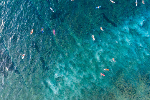 A group of surfers paddle across the turquoise waters, their colorful vessels creating a vibrant contrast against the deep blue and green hues of the ocean.