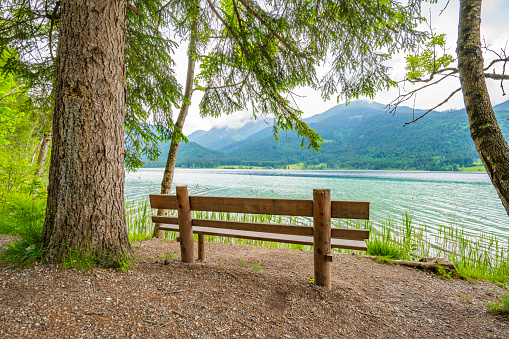 Bench with a view over the Weissensee or Weißensee lake in Carinthia in Austria within the Gailtal Alps mountain range during an overcast springtime day.