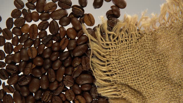 Coffee beans scattered on a transparent surface, bottom view.